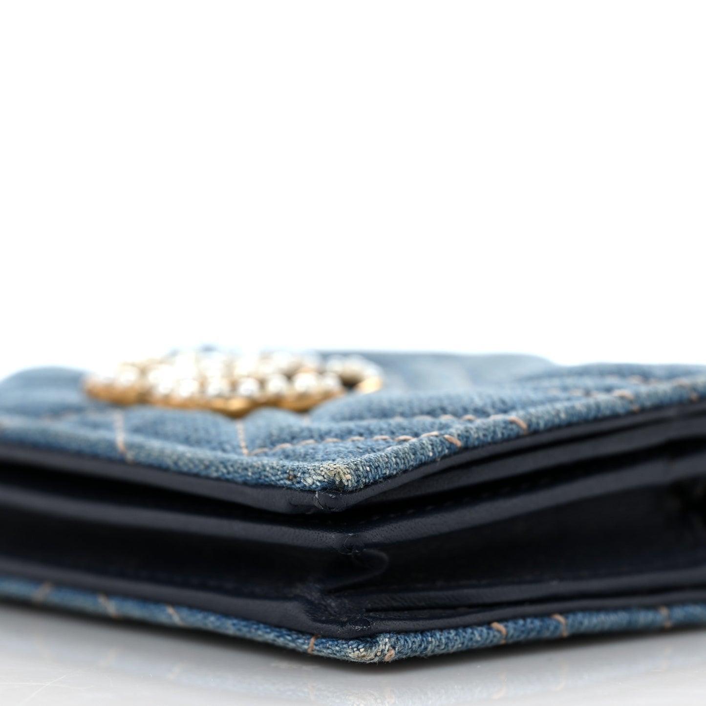 Denim Matelasse Pearly GG Marmont Card Case Wallet Blue