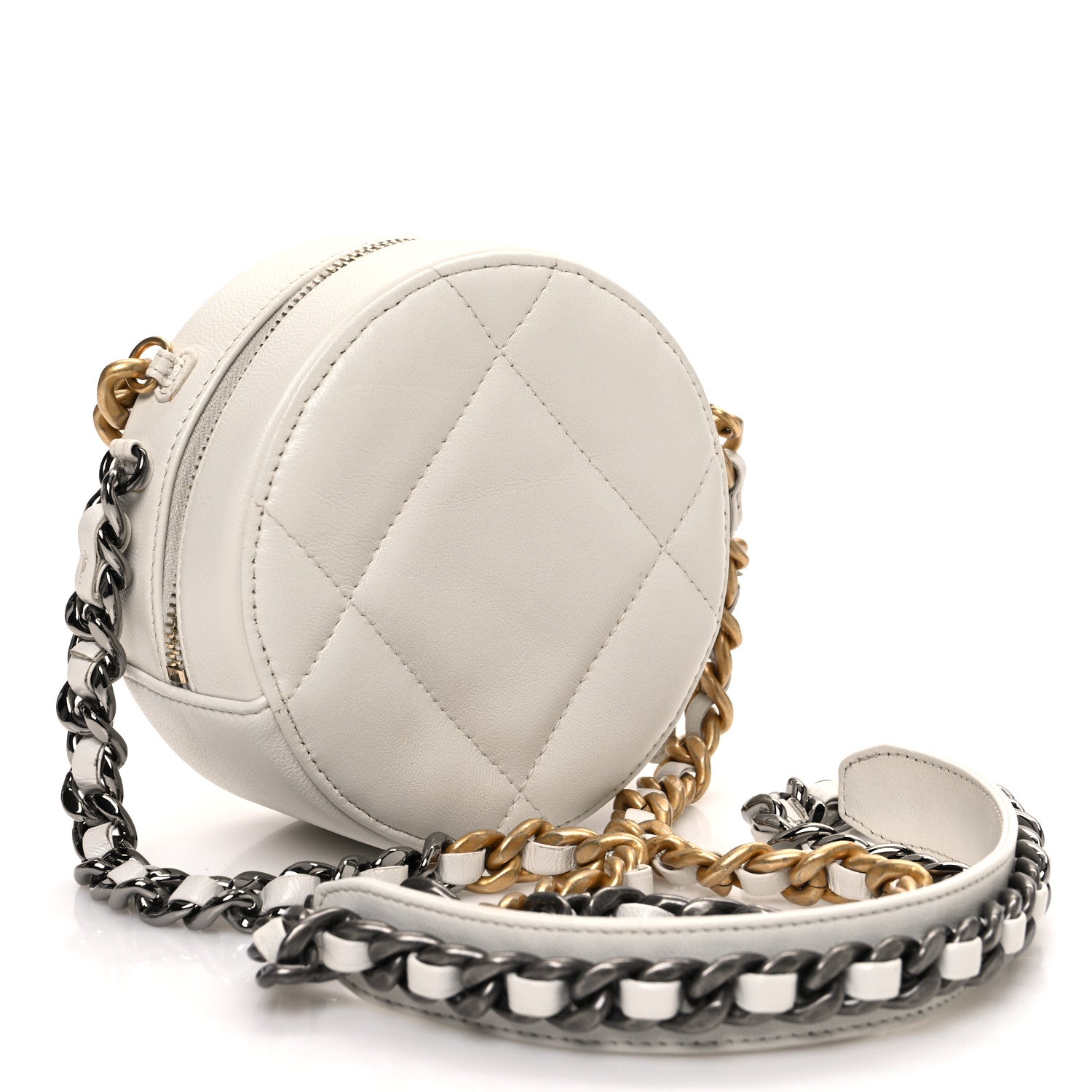 Chanel Shiny Goatskin Quilted Chanel 19 Round Clutch With Chain White 3 of 10