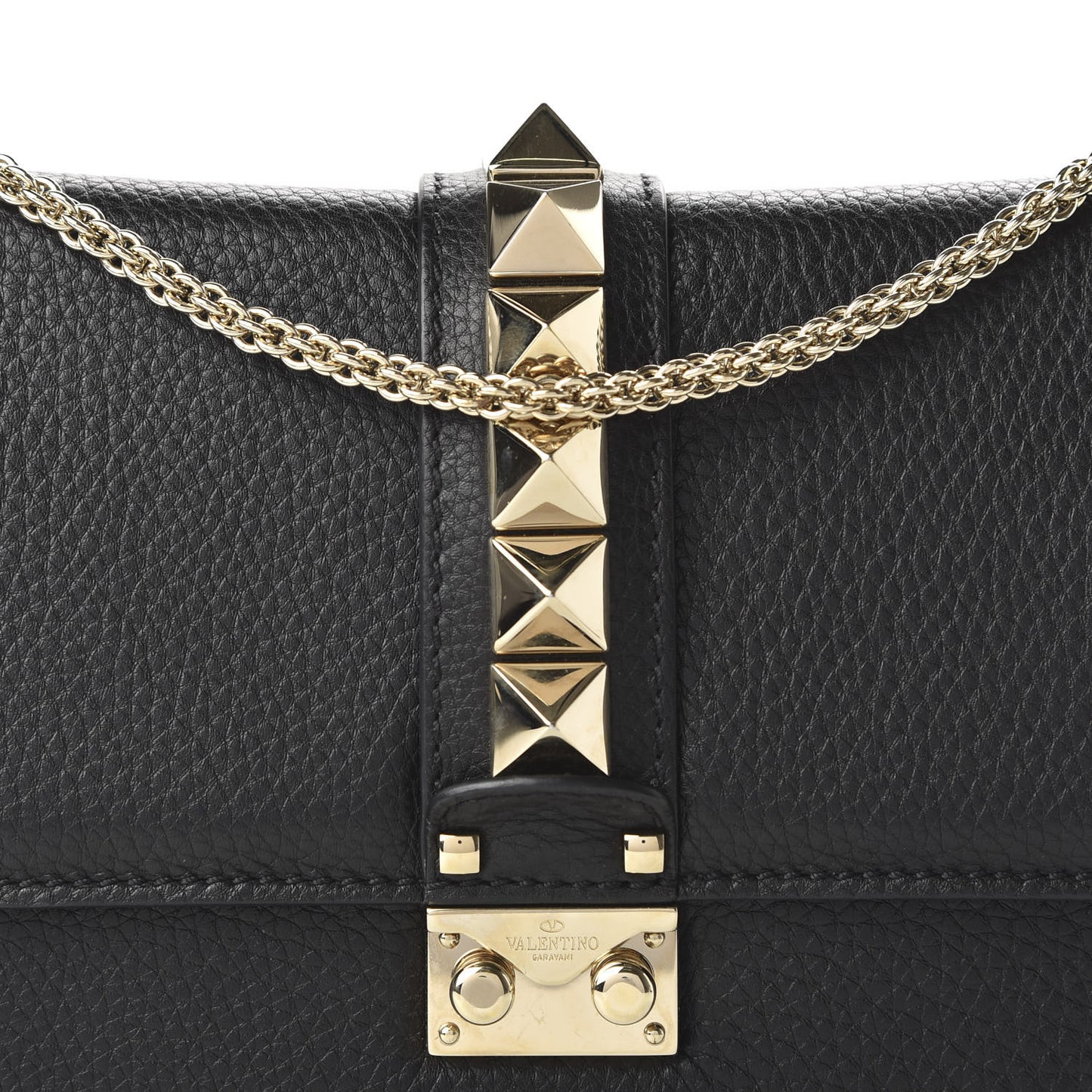 Pebbled Calfskin Medium Glam Lock Rockstud Flap Black