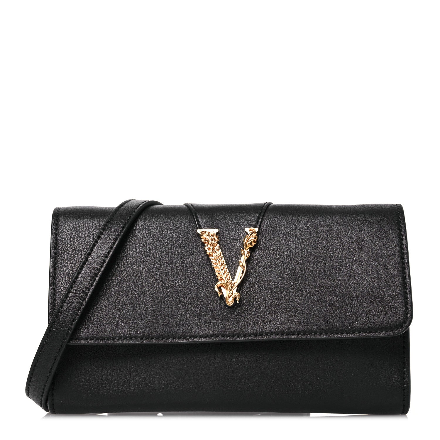 Versace Grained Calfskin Virtus Wallet On Strap Black 1 of 15