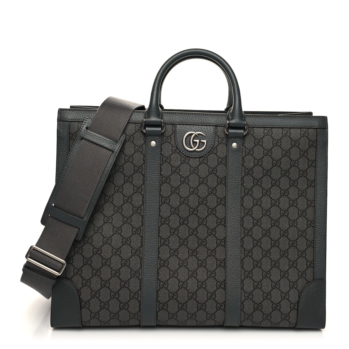 GG Supreme Monogram Textured Dollar Calfskin Large Ophidia Tote Bag Grey Black Graphite Grey