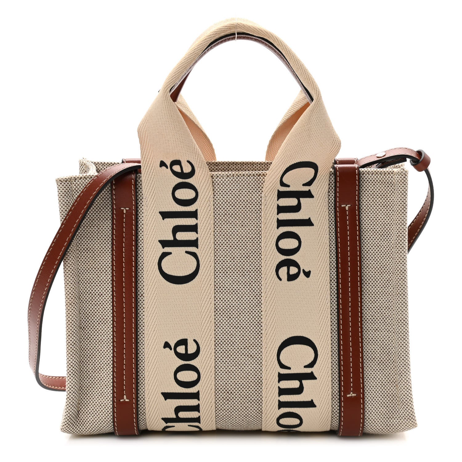 Chloe Cotton Calfskin Small Woody Ribbon Tote With Strap White Brown 1 of 10