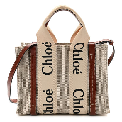 Chloe Cotton Calfskin Small Woody Ribbon Tote With Strap White Brown 1 of 10