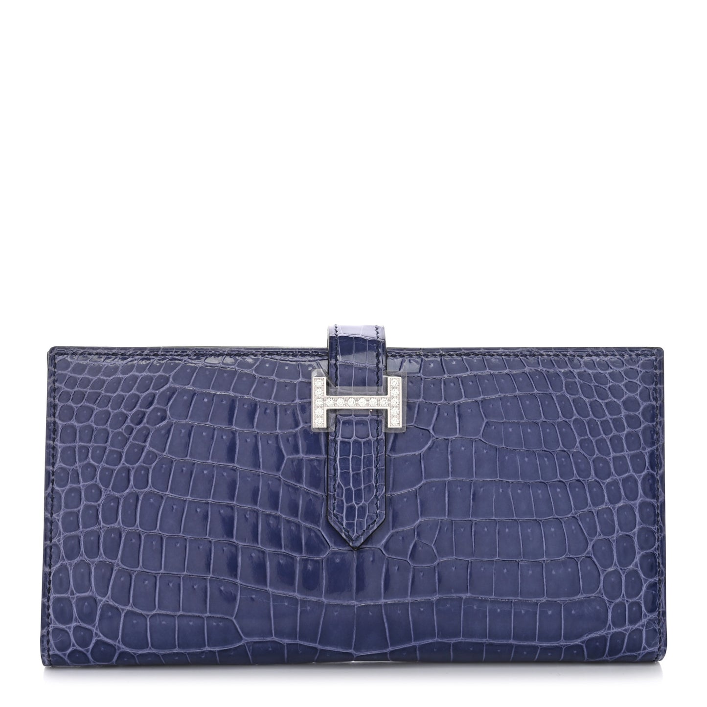 Shiny Porosus Crocodile 18K White Gold Diamond Bearn Wallet Bleu Ciel