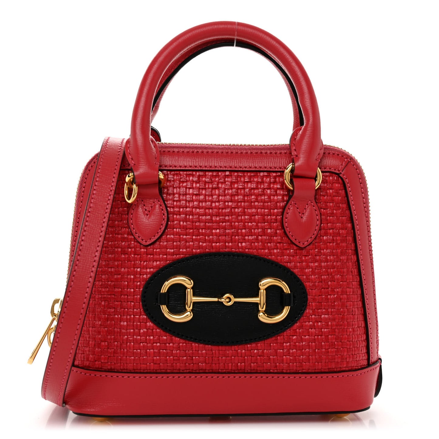 Straw Azalea Calfskin Woven Mini Horsebit 1955 Top Handle Bag Coral Wave Black