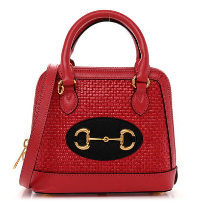 Gucci Straw Azalea Calfskin Woven Mini Horsebit 1955 Top Handle Bag Coral Wave Black 1 of 9