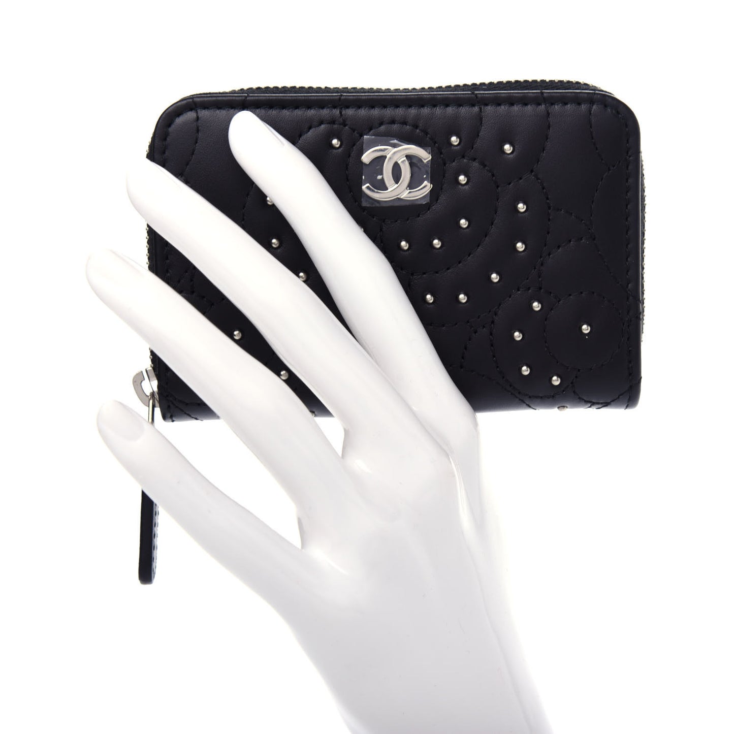 Lambskin Camellia Embossed Studded Zip Coin Purse Black