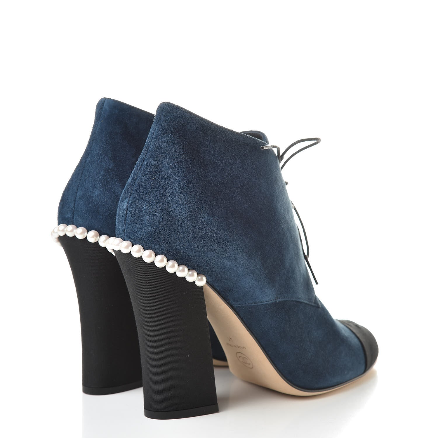 Chanel Suede Grosgrain Pearl Lace Up Booties 41 Dark Blue Black 4 of 10