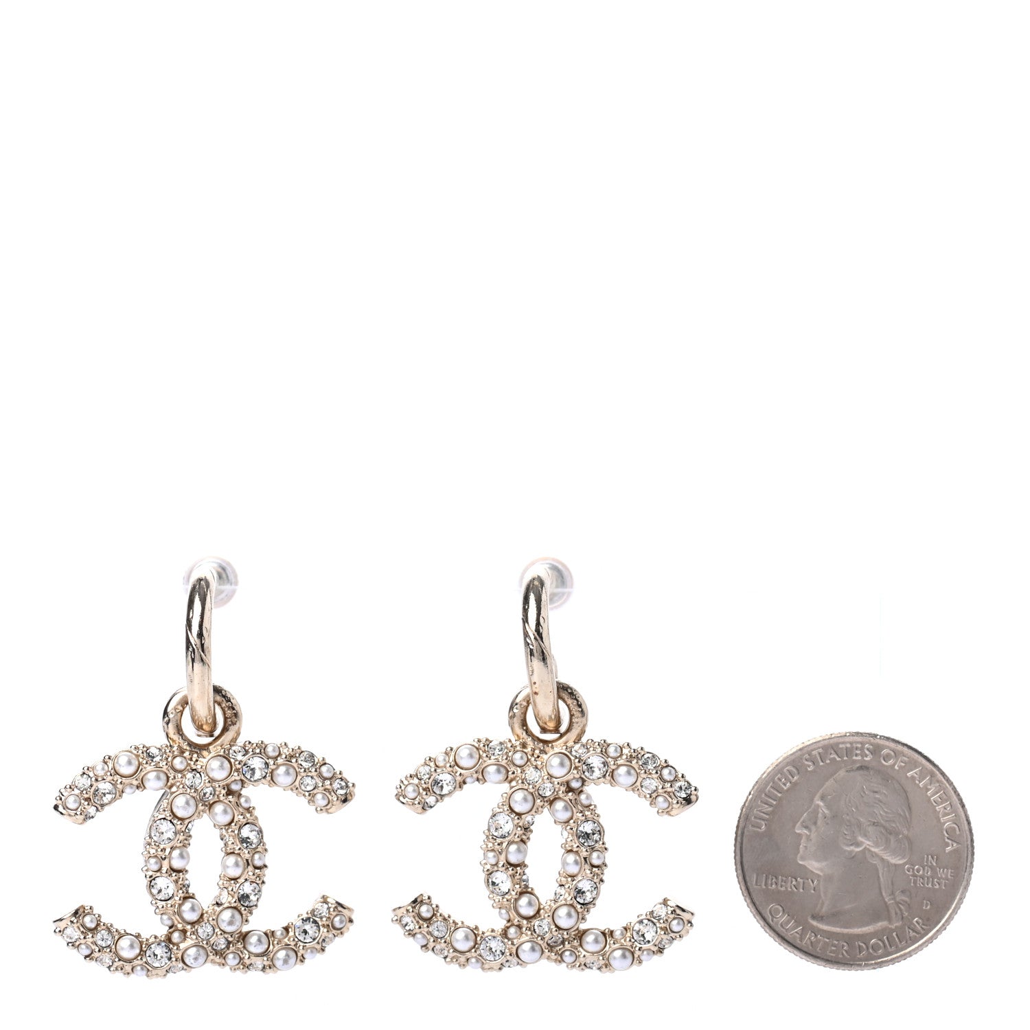 Chanel Crystal Pearl Caviar CC Drop Earrings Gold 2 of 4