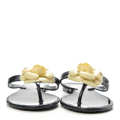 Chanel Jelly Camellia Thong Sandals 40 Black Ivory 2 of 7