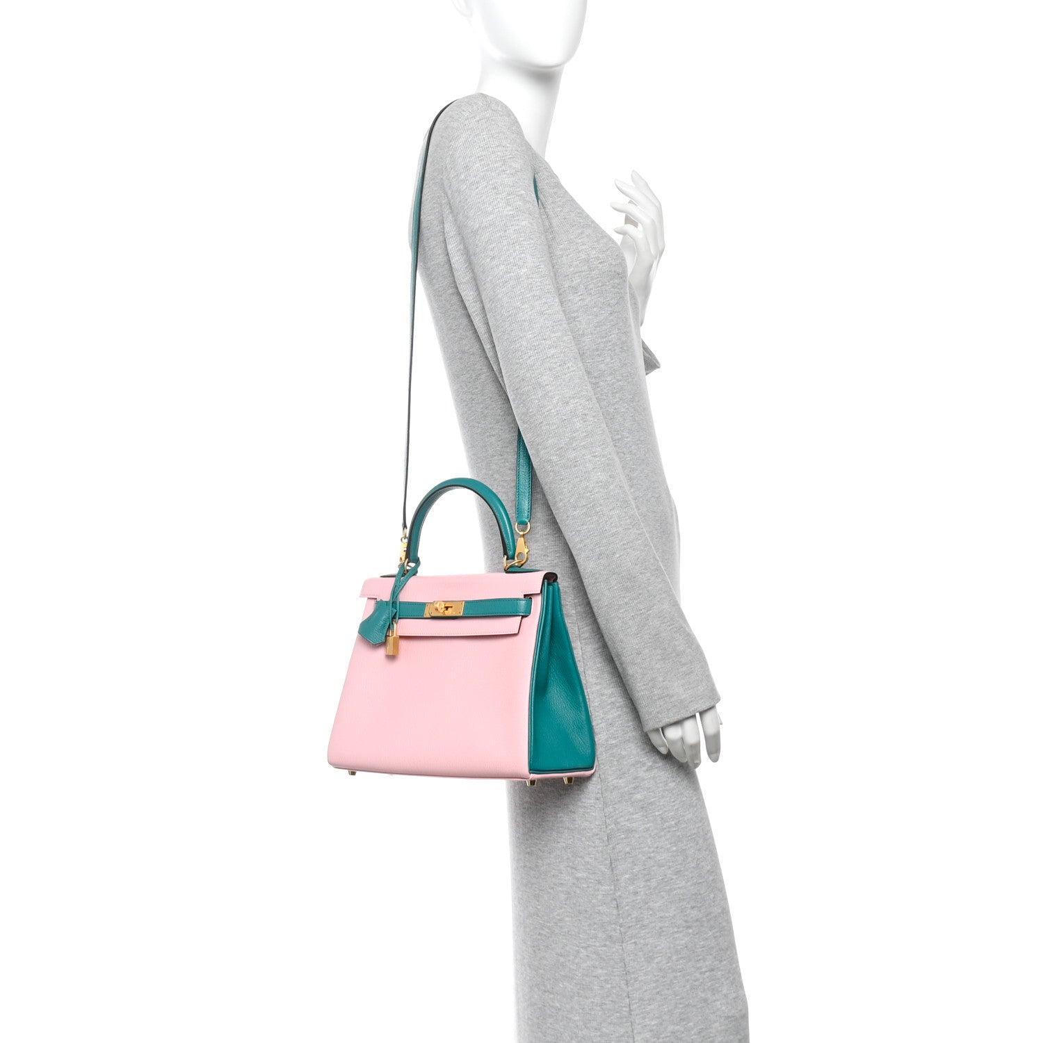 Hermes Chevre Mysore Horseshoe Kelly Retourne 28 Bleu Paon Rose Sakura 2 of 11