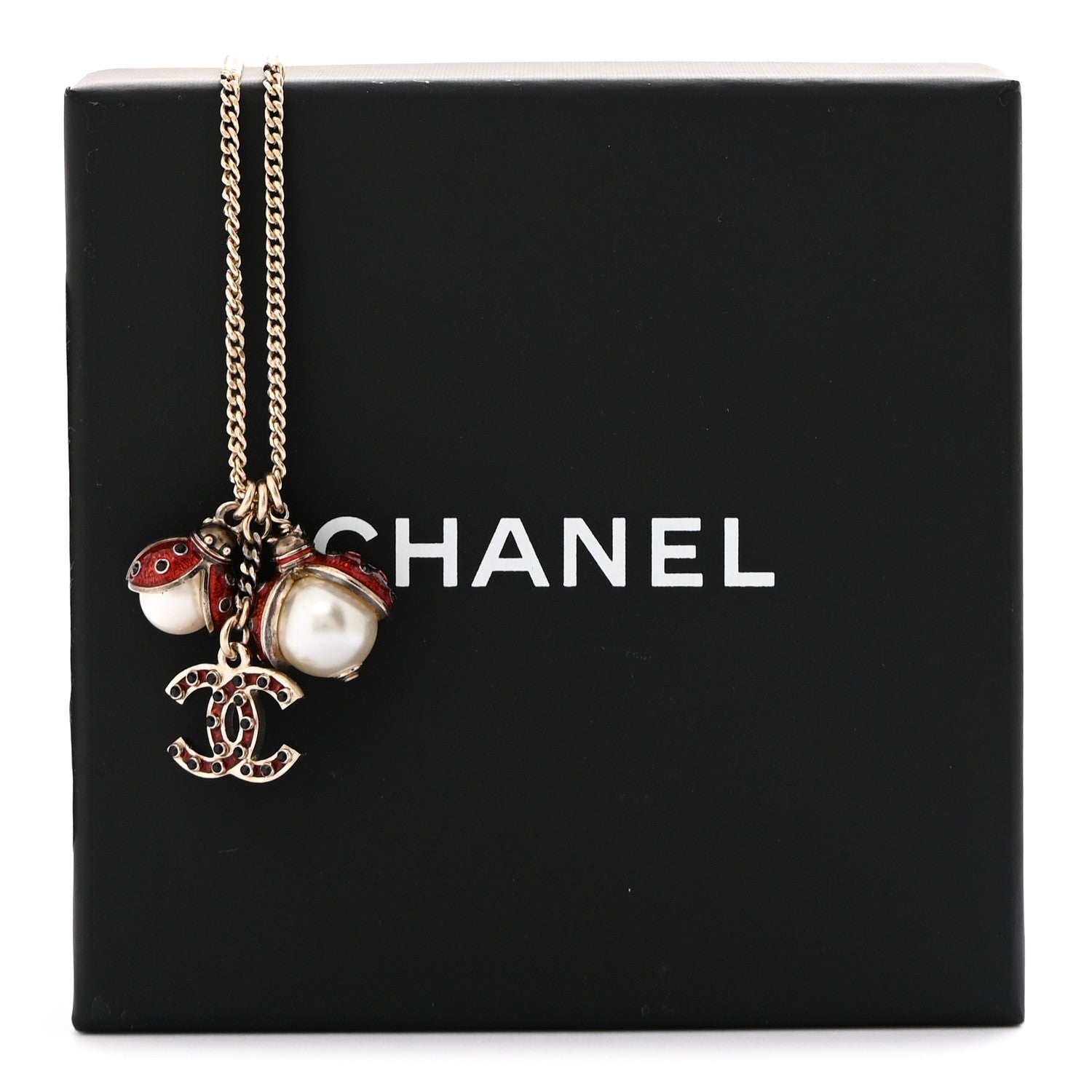 Chanel Enamel Pearl CC Ladybug Necklace Gold Red 7 of 7