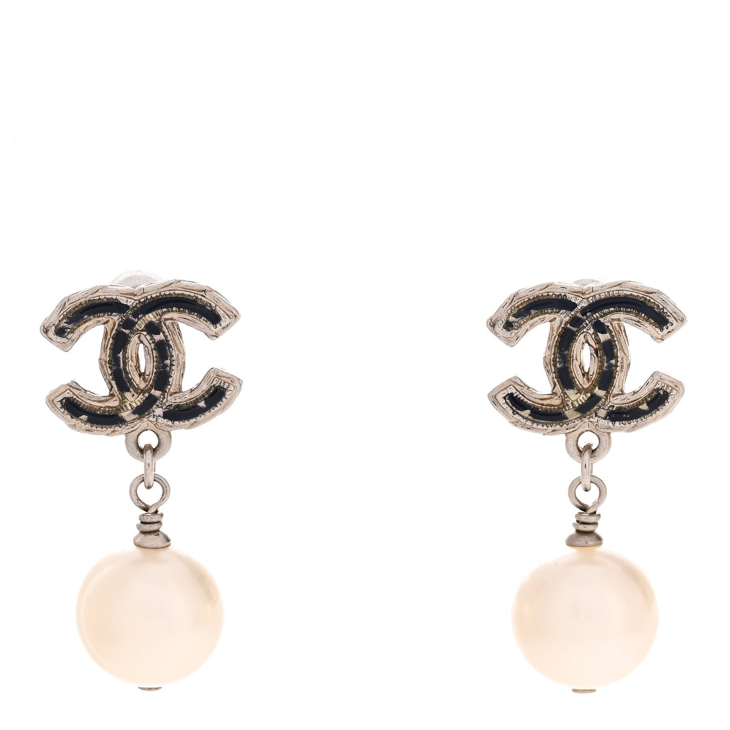 Chanel Pearl Enamel CC Drop Earrings Black Gold 1 of 5