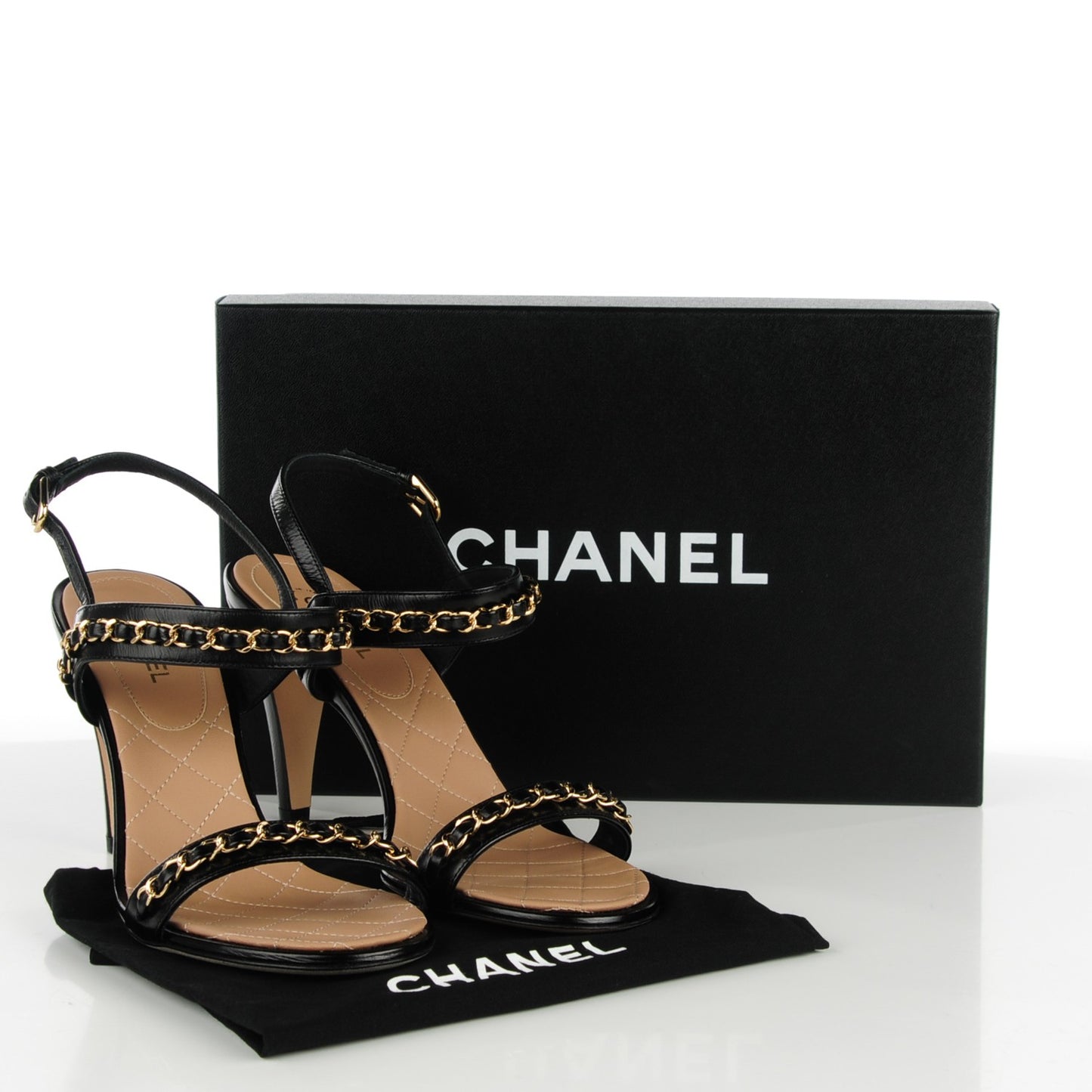 Crumpled Calfskin Chain Sandals 39 Black