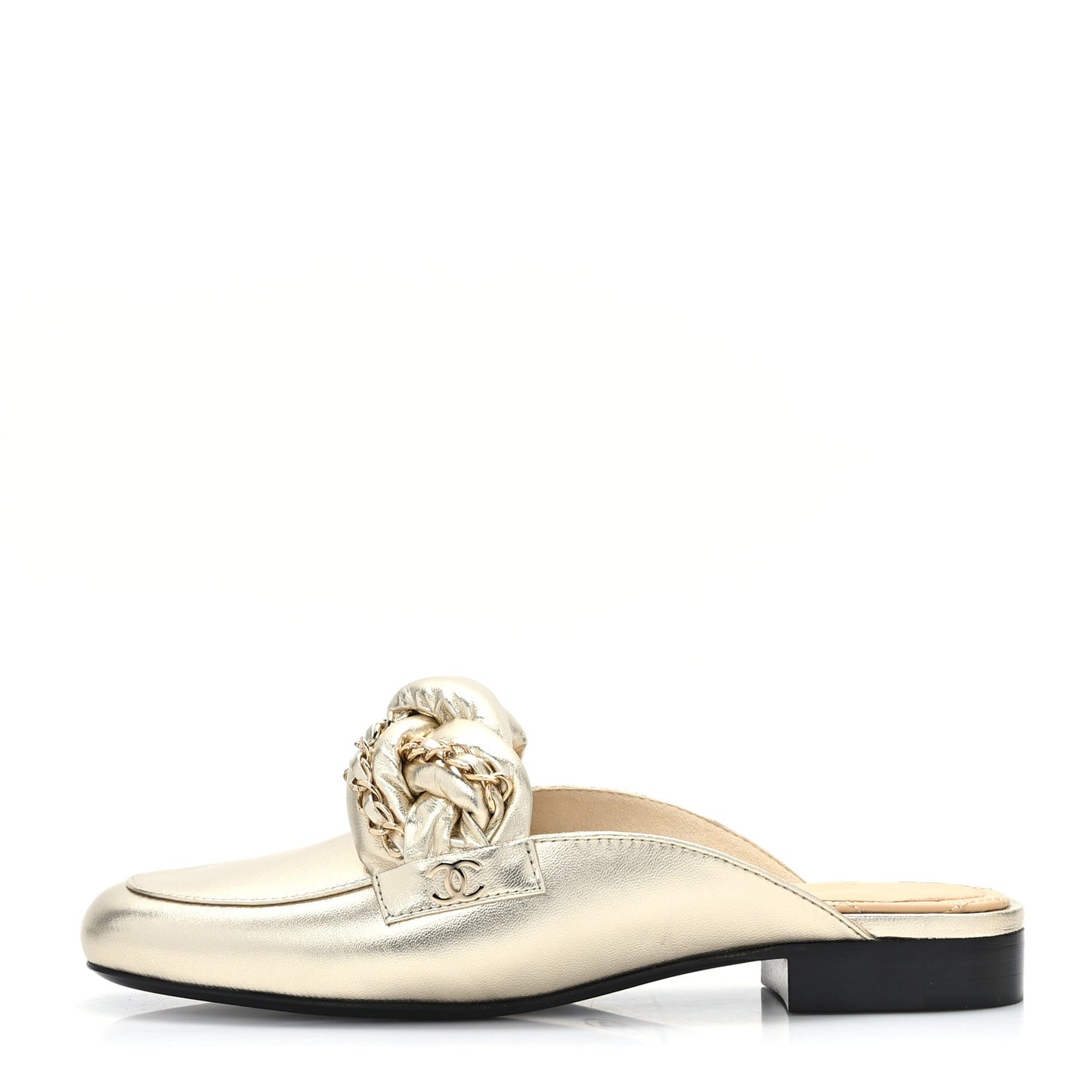 Metallic Lambskin Chain Braided Mules 36 Light Gold