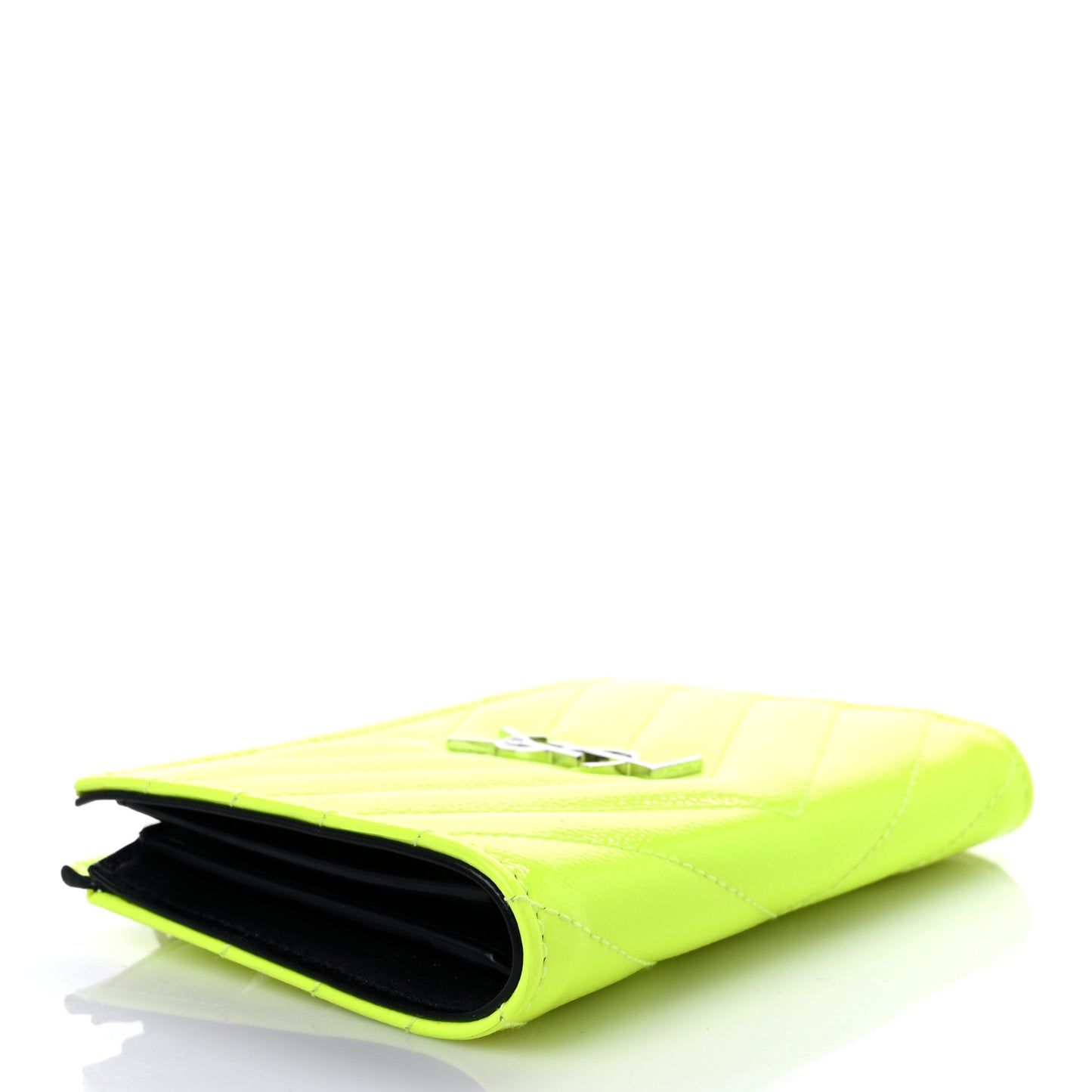 Patent Grain De Poudre Matelasse Chevron Monogram Zipped Two-Part Wallet Neon Yellow