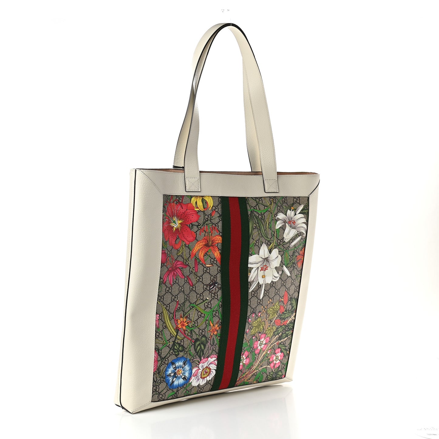 GG Supreme Monogram Flora Web Ophidia Vertical Shopping Tote White
