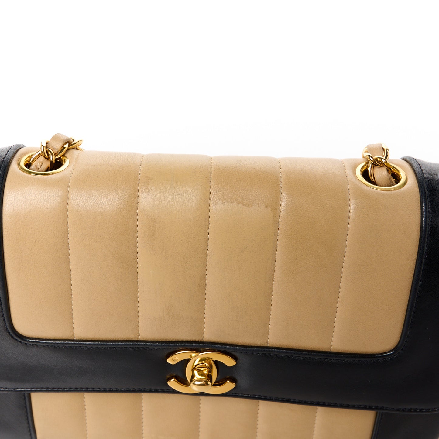 Lambskin Vertical Quilted Small Flap Beige Black