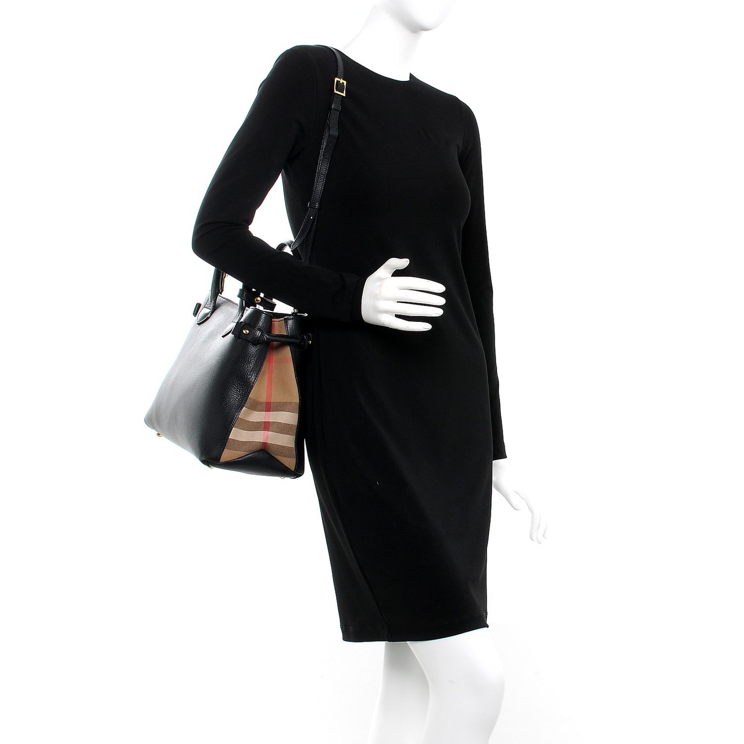Calfskin House Check Medium Banner Tote Black