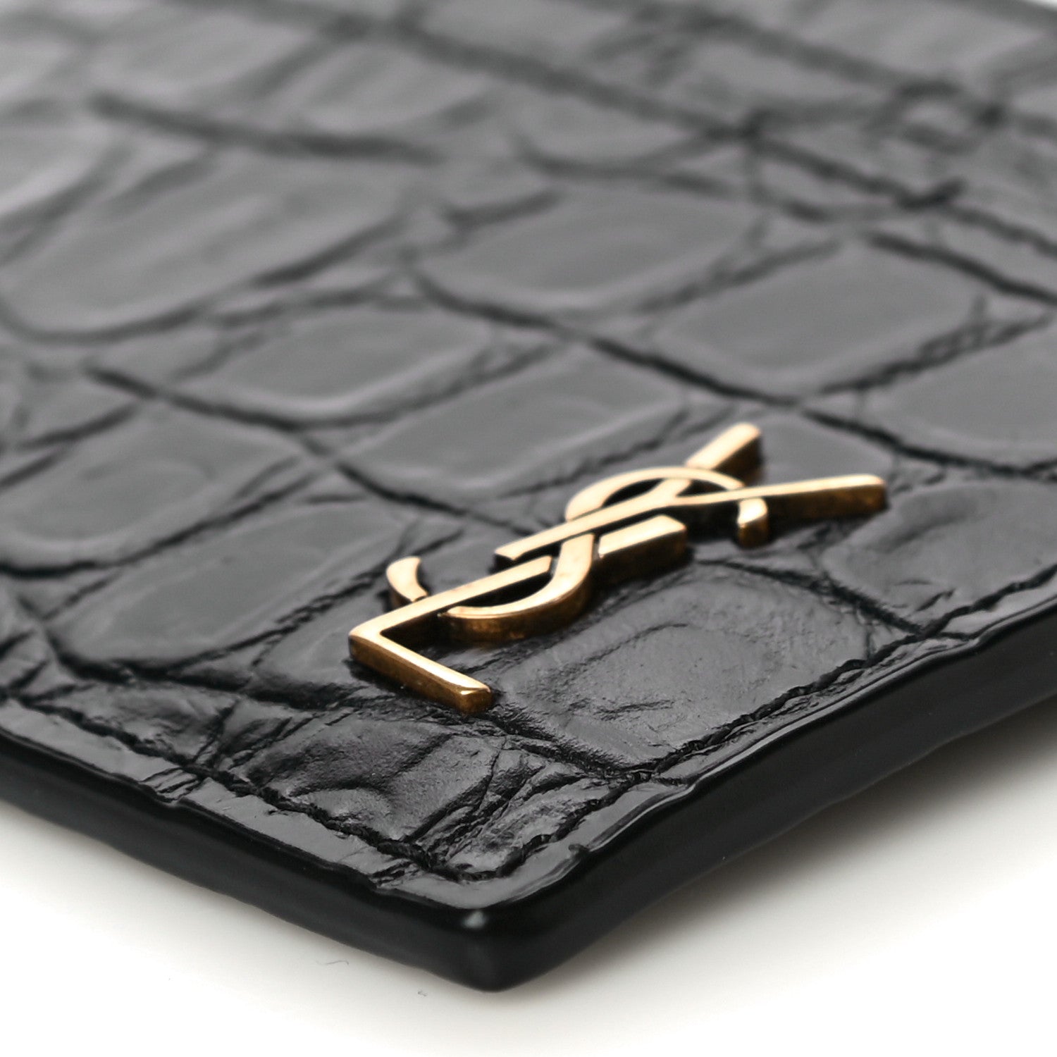Saint Laurent Calfskin Crocodile Embossed Monogram Tiny Cassandra Credit Card Case Black 10 of 11