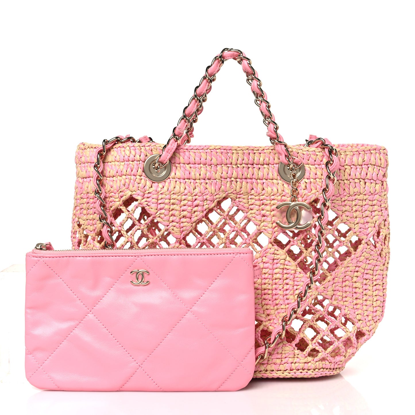 Raffia Effect Braided Small Shopping Bag Beige Pink