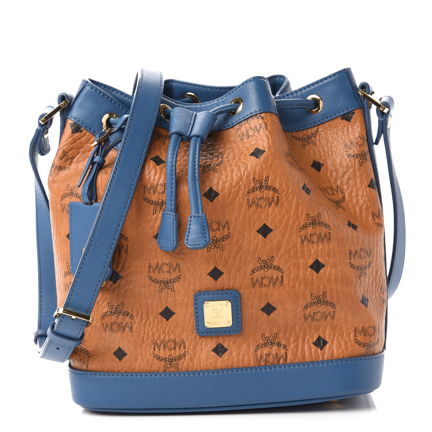 MCM Visetos Small Heritage Drawstring Bucket Bag Cognac Blue 1 of 10