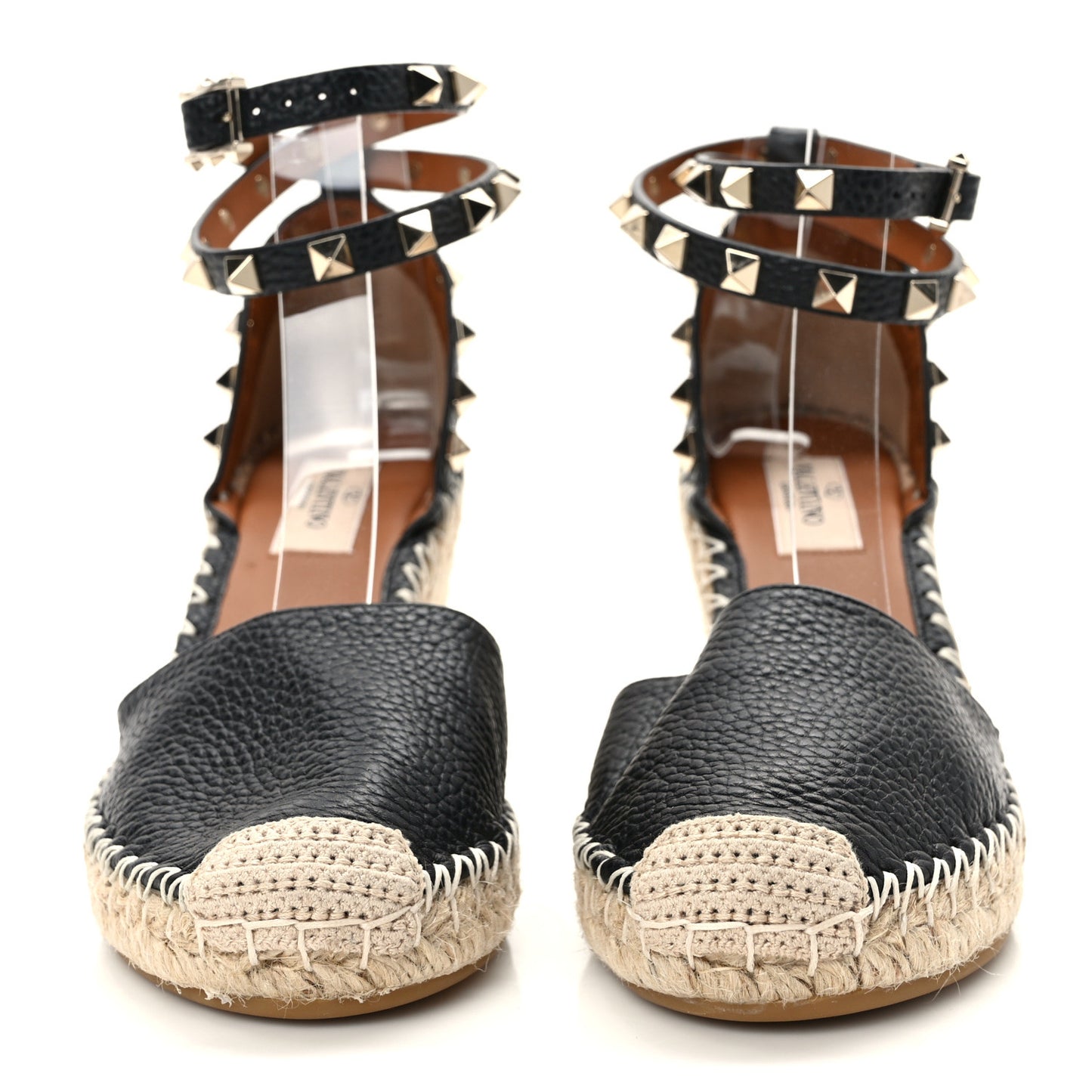 Grained Calfskin Rockstud Ankle Wrap Espadrille 15/85mm Wedges 37 Black Light Cuir