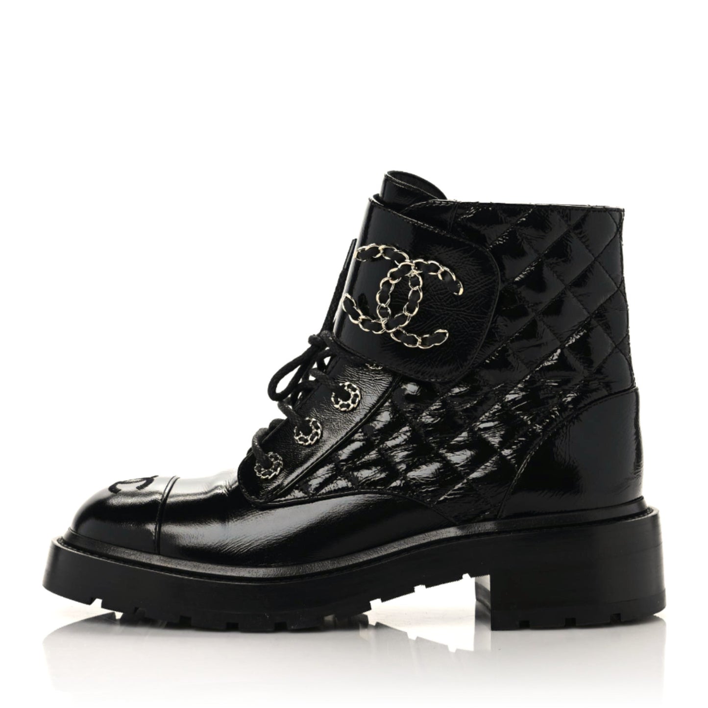 Shiny Calfskin Quilted Lace Up Combat Boots 38 Black