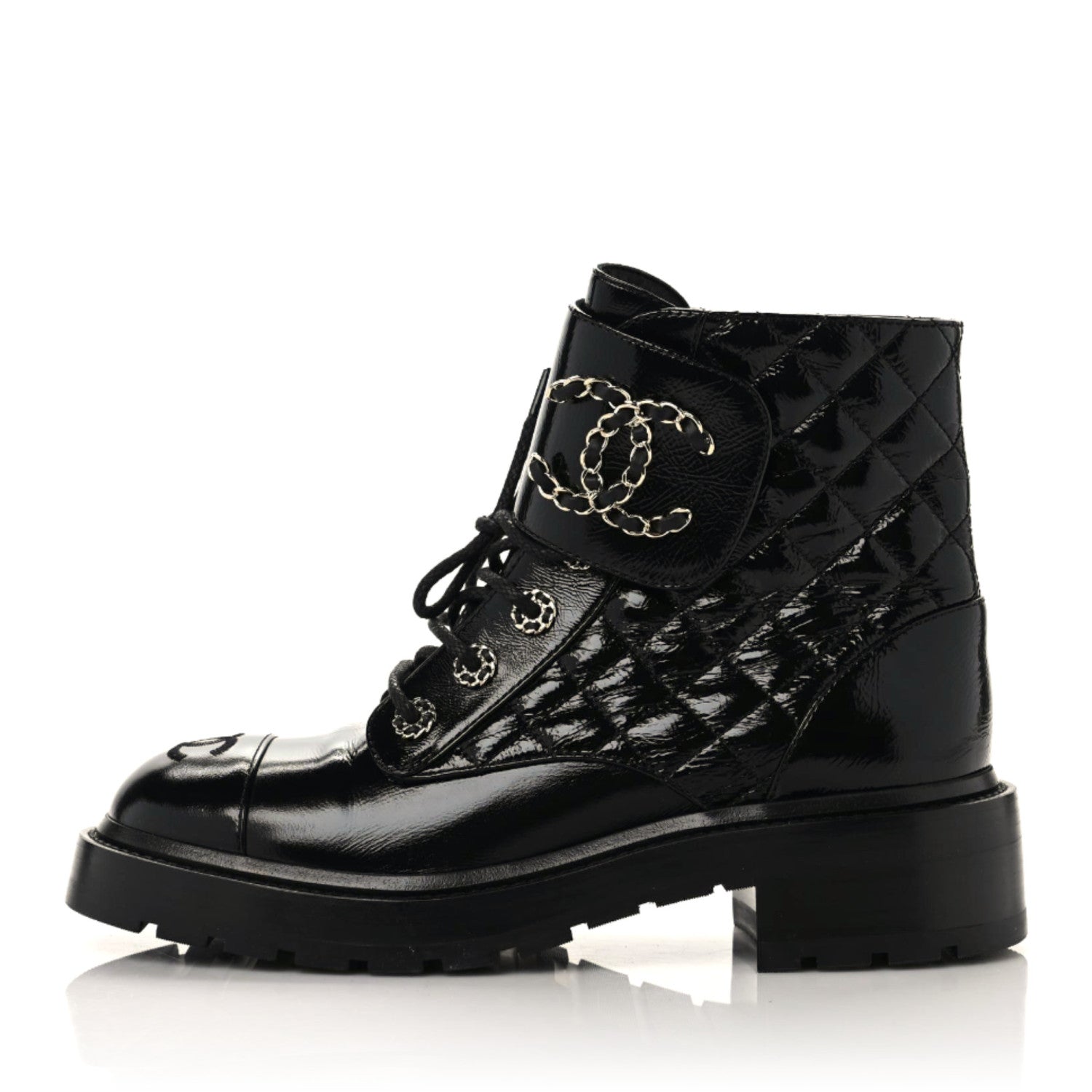 Chanel Shiny Calfskin Quilted Lace Up Combat Boots 38 Black 1 of 8