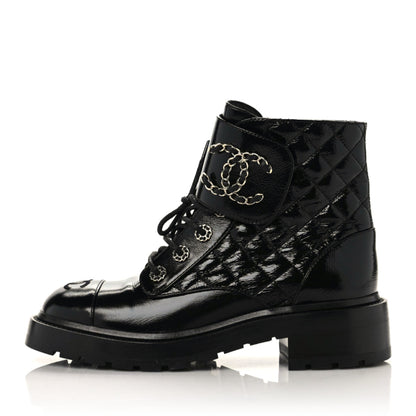 Chanel Shiny Calfskin Quilted Lace Up Combat Boots 38 Black 1 of 8