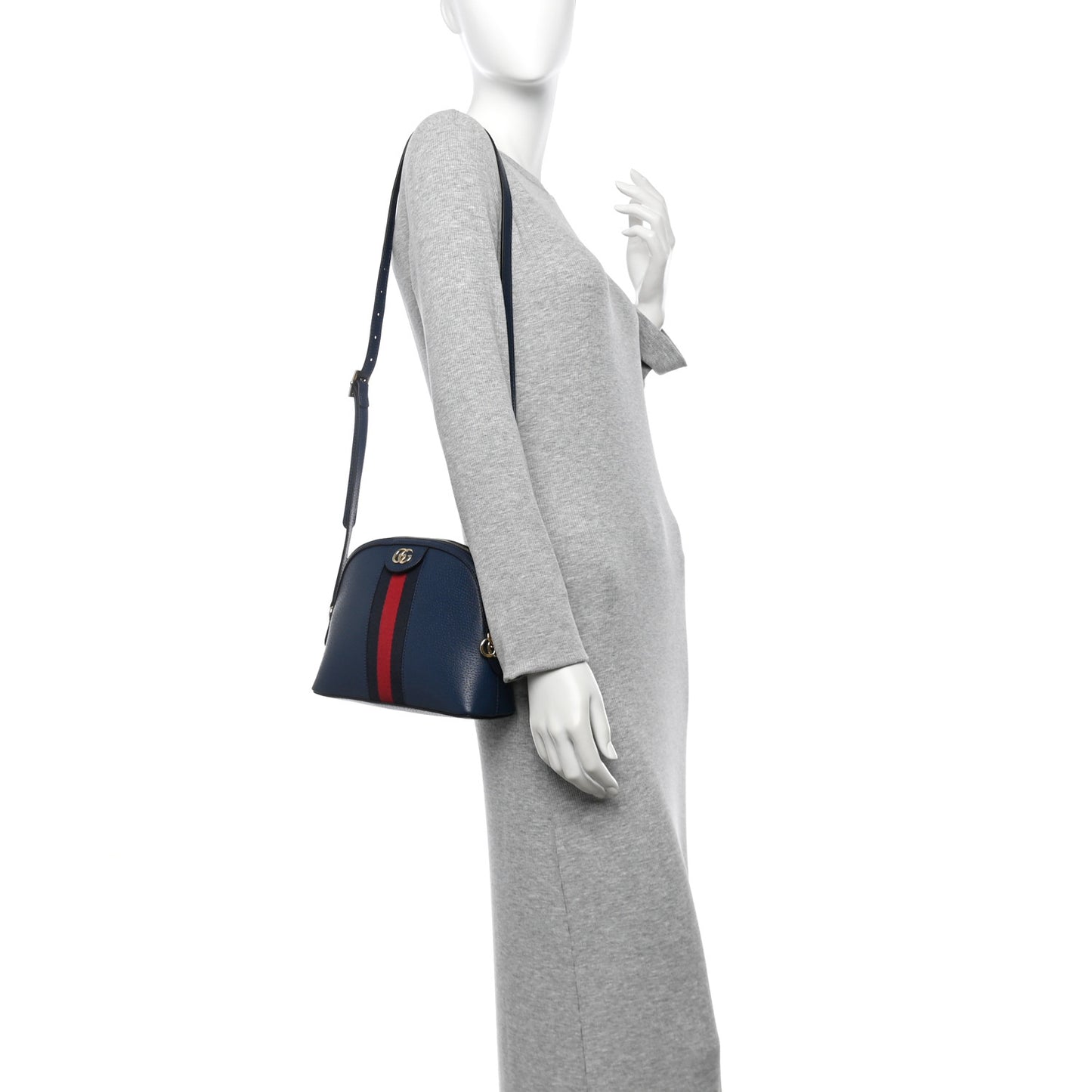 Textured Dollar Calfskin Web Small Ophidia Dome Shoulder Bag Blue Agata