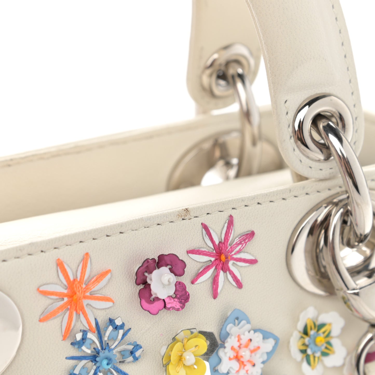 Calfskin Sequin Floral Embroidered Mini Lady Dior White Multicolor