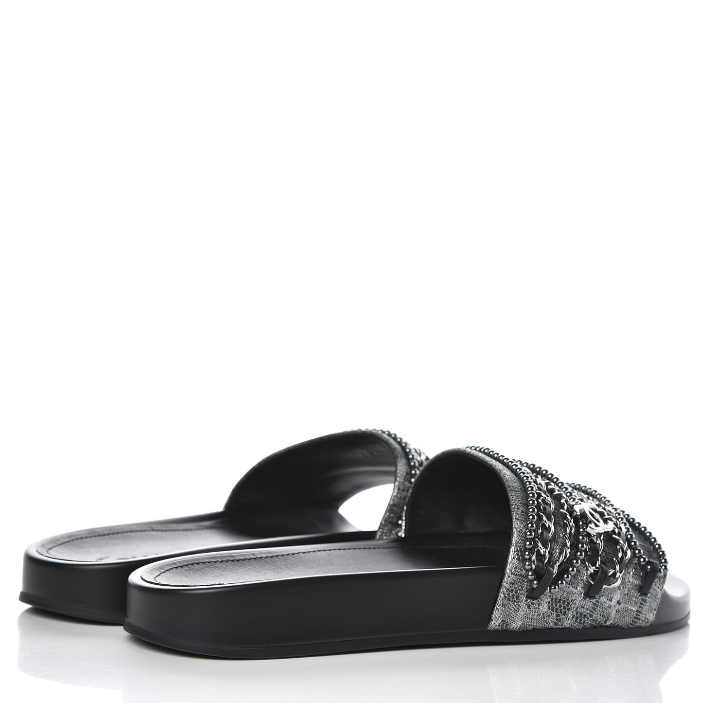 Fantasy Lambskin Pearl Chain CC Flat Mules 40 Silver Black
