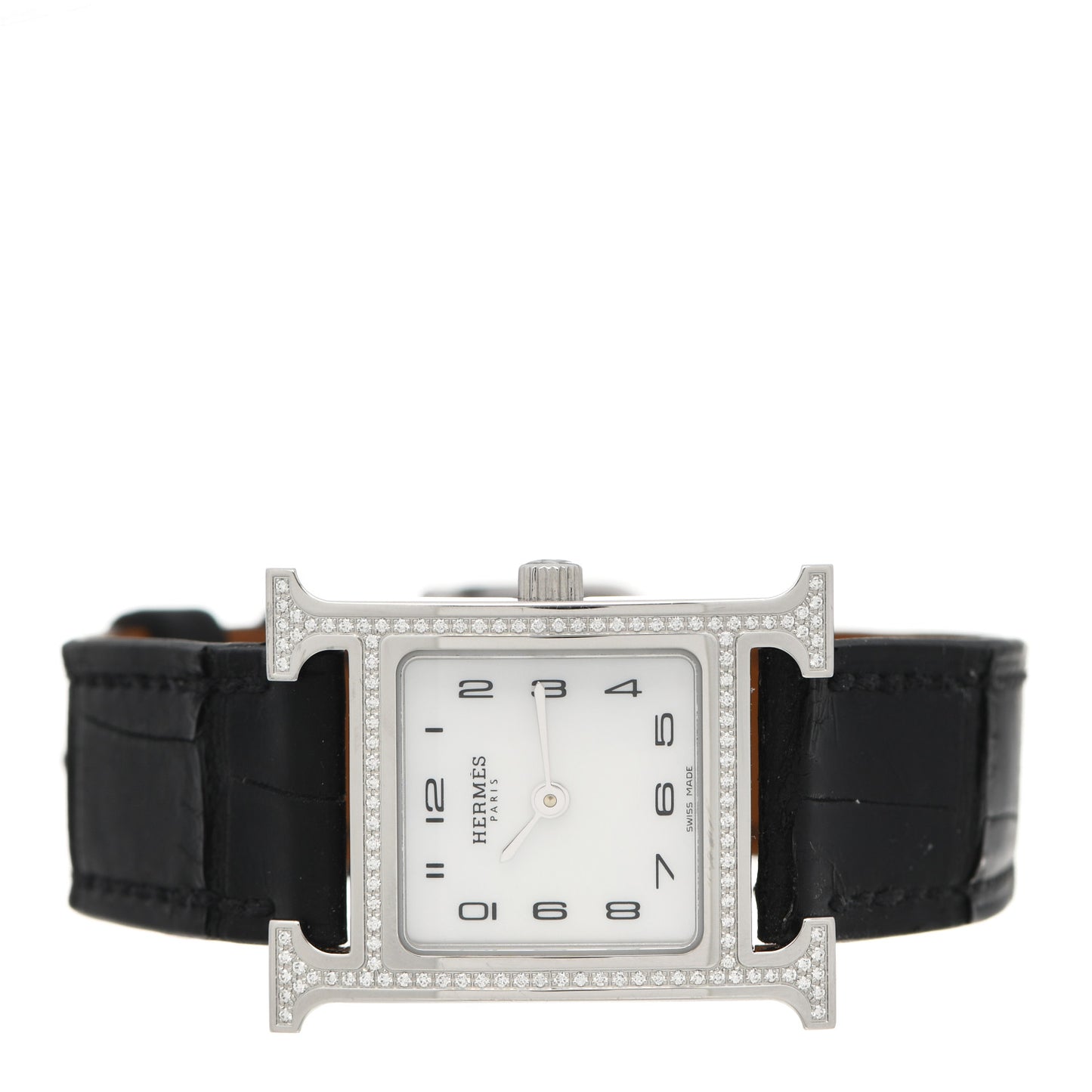 Stainless Steel Alligator Diamond Bezel Mother of Pearl 21mm Heure H Hour Quartz Watch Noir