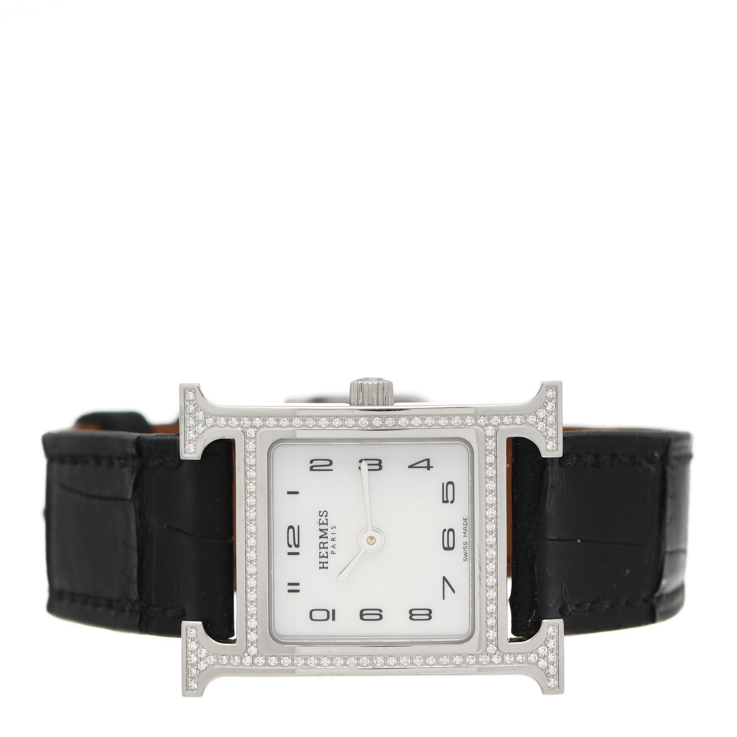 Hermes Stainless Steel Alligator Diamond Bezel Mother of Pearl 21mm Heure H Hour Quartz Watch Noir 2 of 5