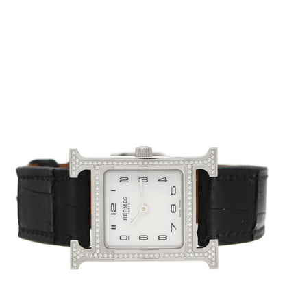 Hermes Stainless Steel Alligator Diamond Bezel Mother of Pearl 21mm Heure H Hour Quartz Watch Noir 2 of 5