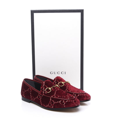 Gucci Velvet Malaga Kid GG Monogram Horsebit Womens Jordaan Loafers 36 Red Cipria Romantic Cerise 11 of 11