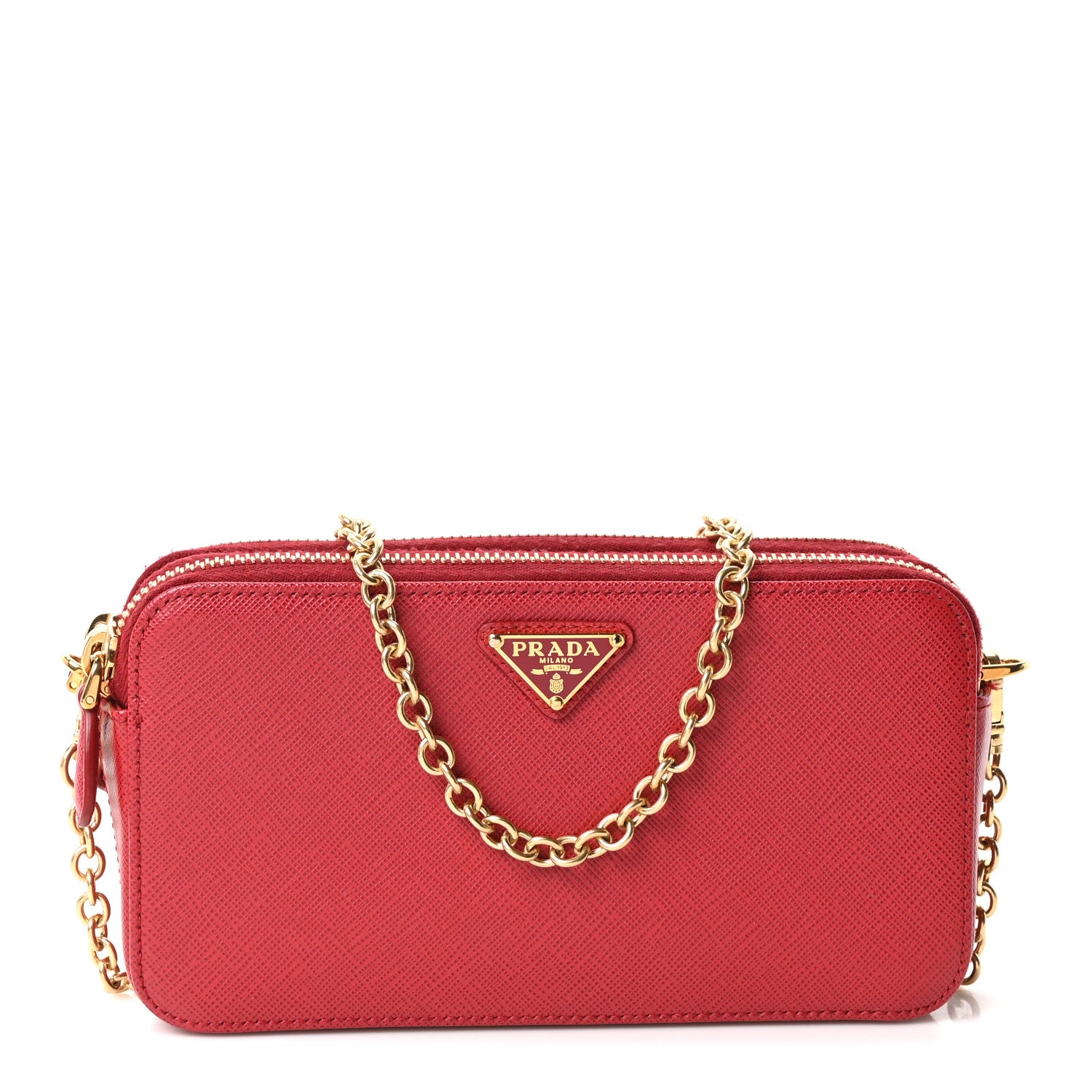 Prada Saffiano Lux Mini Double Zip Chain Crossbody Bag Fuoco 1 of 10