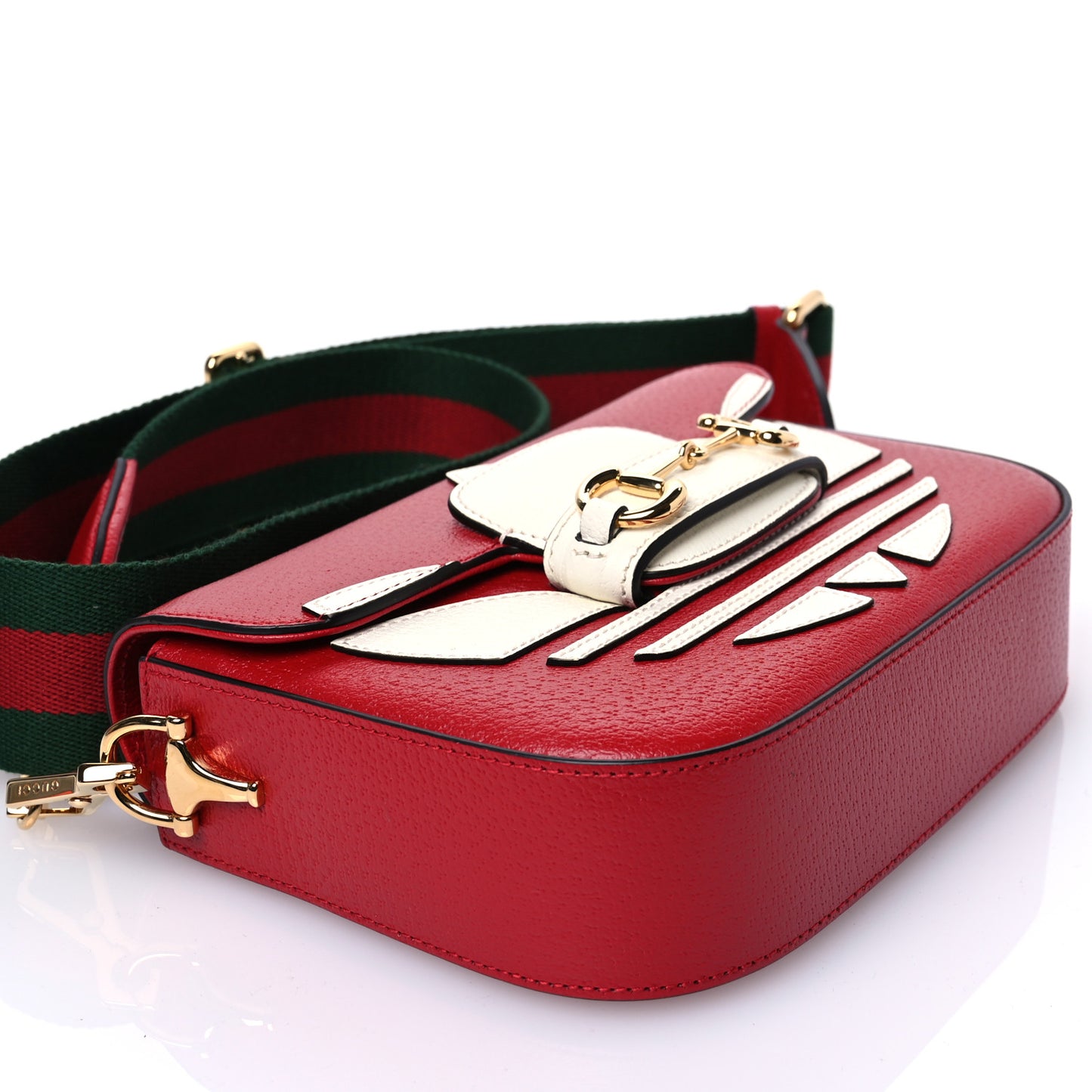 X ADIDAS Textured Dollar Calfskin Web Trefoil Mini Horsebit 1955 Shoulder Bag Hibiscus Red Off White