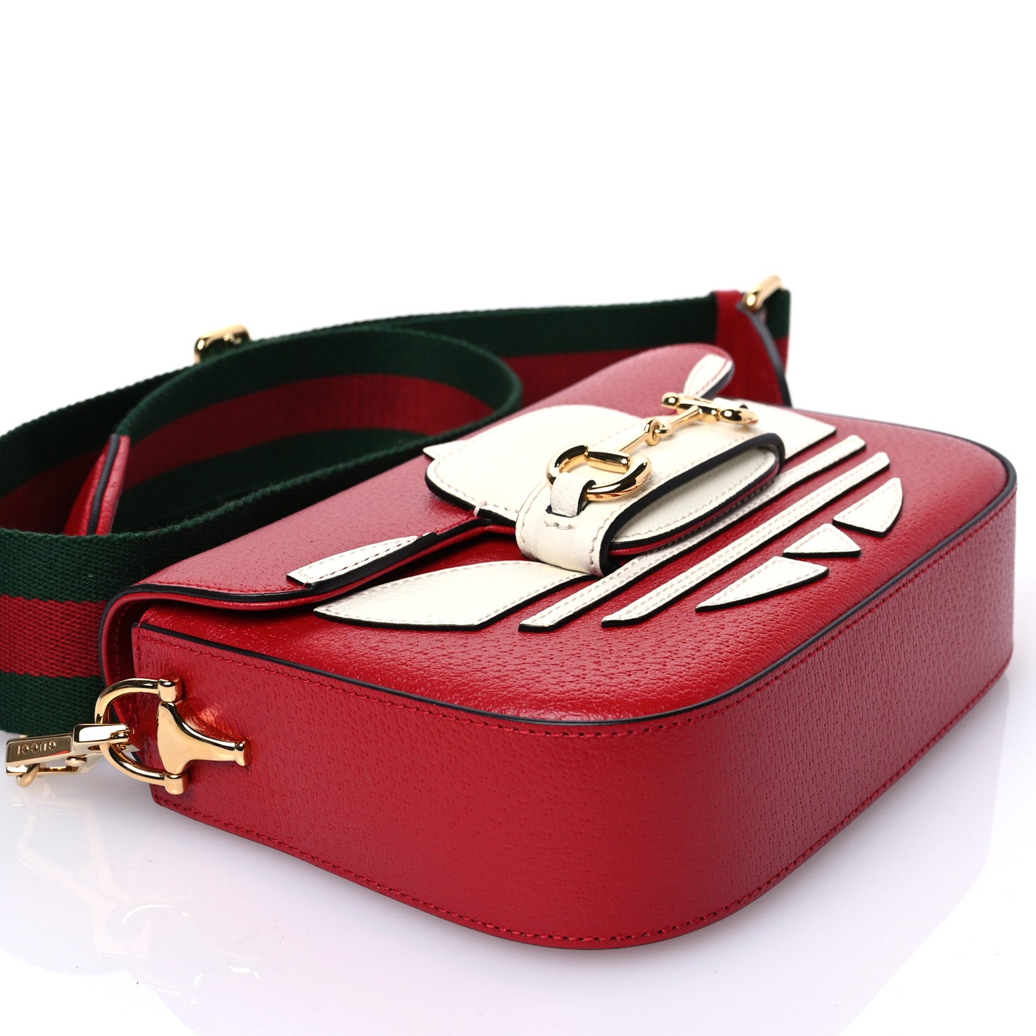 Gucci X ADIDAS Textured Dollar Calfskin Web Trefoil Mini Horsebit 1955 Shoulder Bag Hibiscus Red Off White 10 of 10