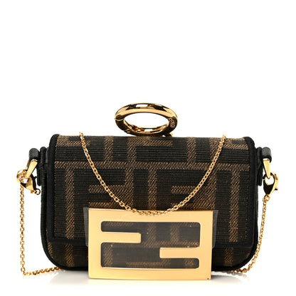 Fendi Fabric Jacquard FF 1974 Nano Maxi Buckle Baguette Charm Tobacco Moro Black 1 of 12