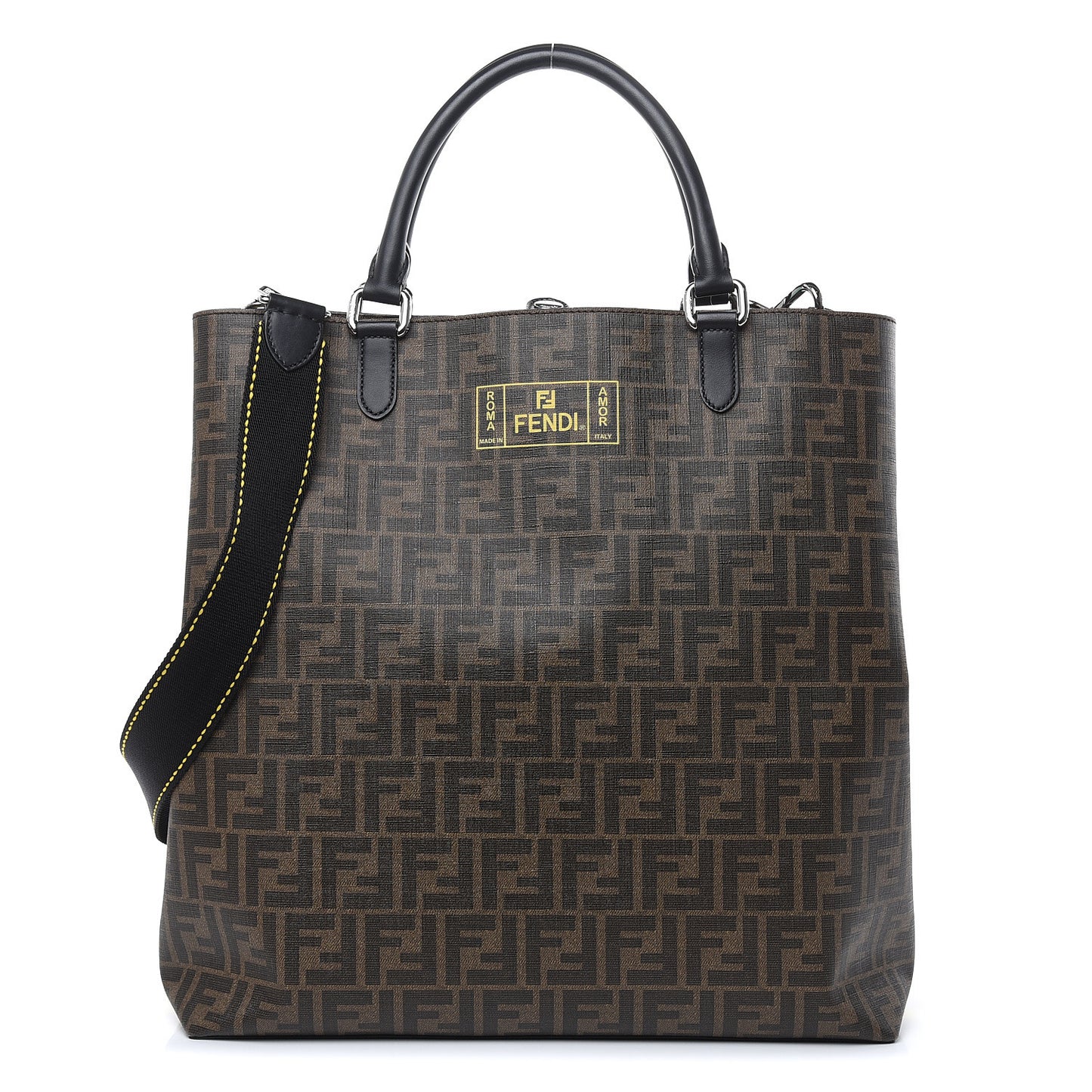 Glazed Fabric Vitello Century FF 1974 Roma Amor Tote Tobacco Moro Black Limone