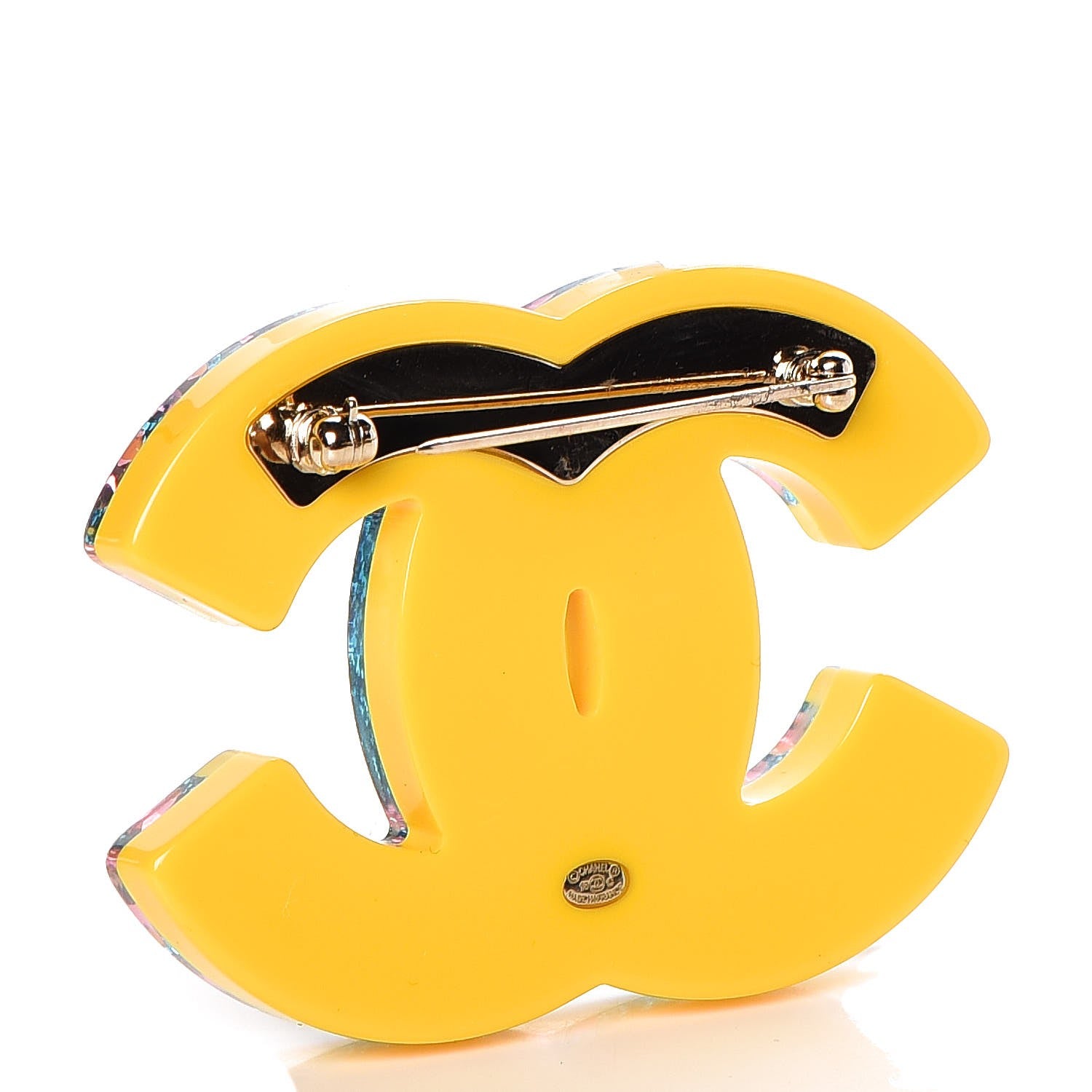 Chanel Resin Glitter Crystal CC Brooch Yellow Blue 3 of 5