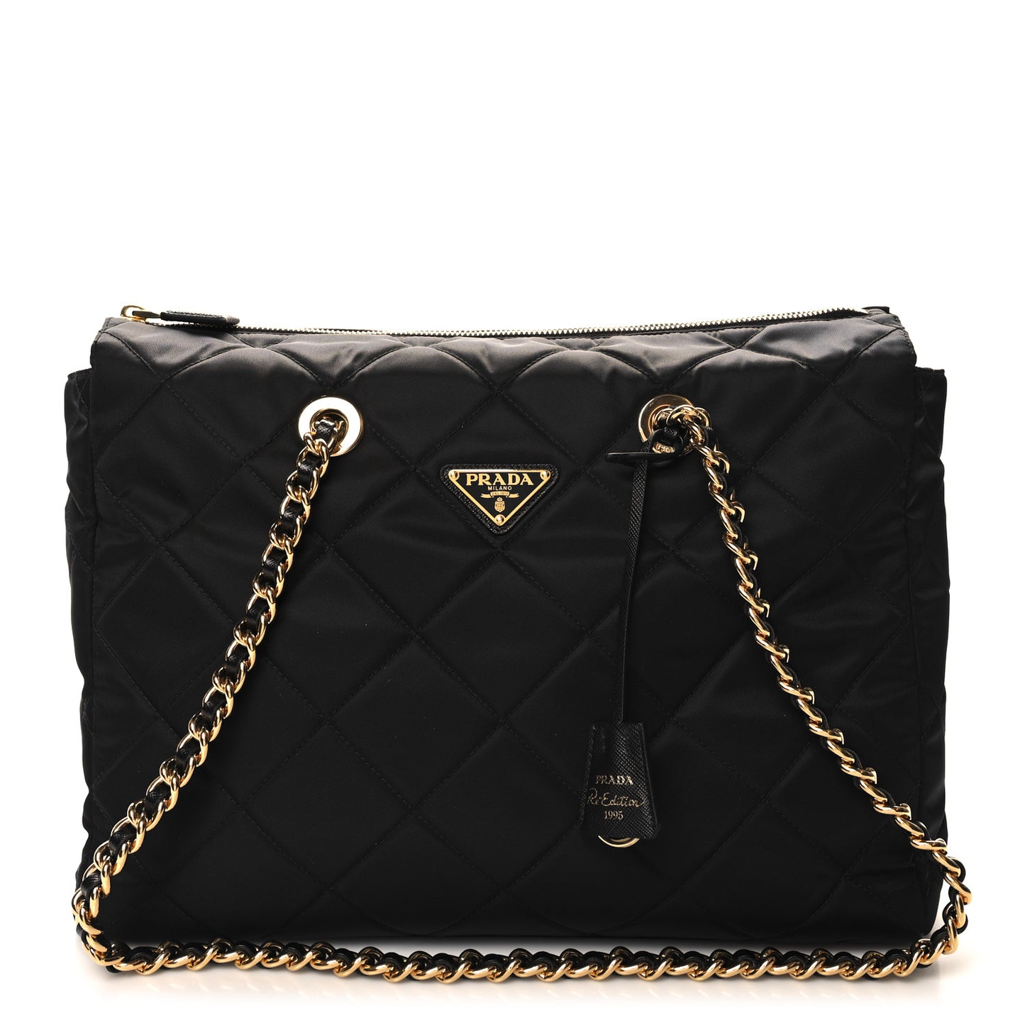 Re-Nylon Impunturato Saffiano Triangle Stitched Re-Edition 1995 Chaine Large Shoulder Bag Black