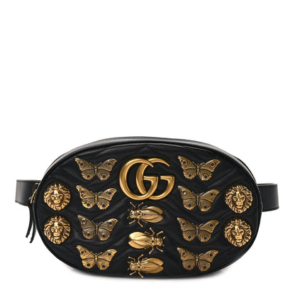 Gucci Calfskin Matelasse Animal Studs GG Marmont Belt Bag 85 34 Black 1 of 12