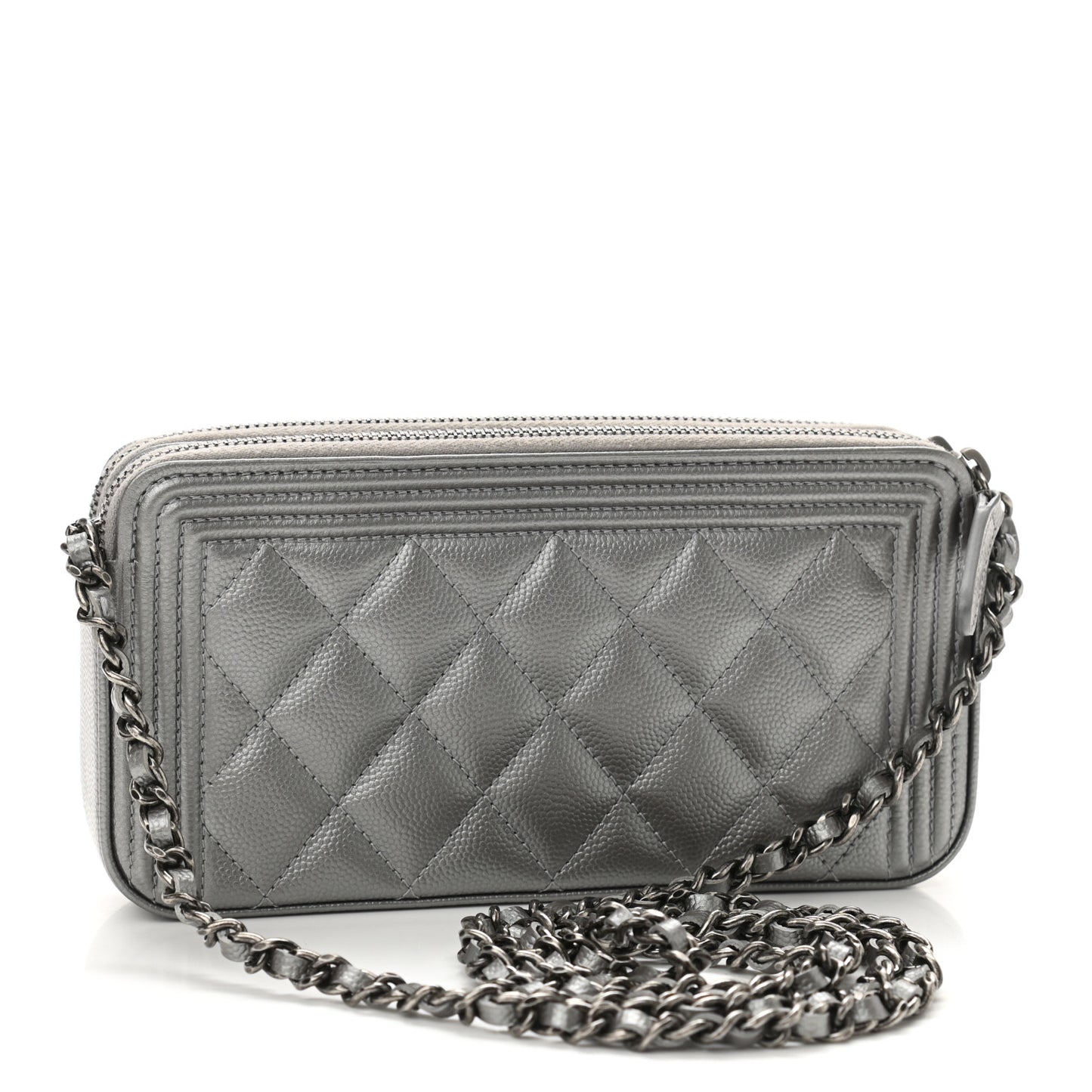 Metallic Caviar Quilted Small Boy Clutch With Chain Silver