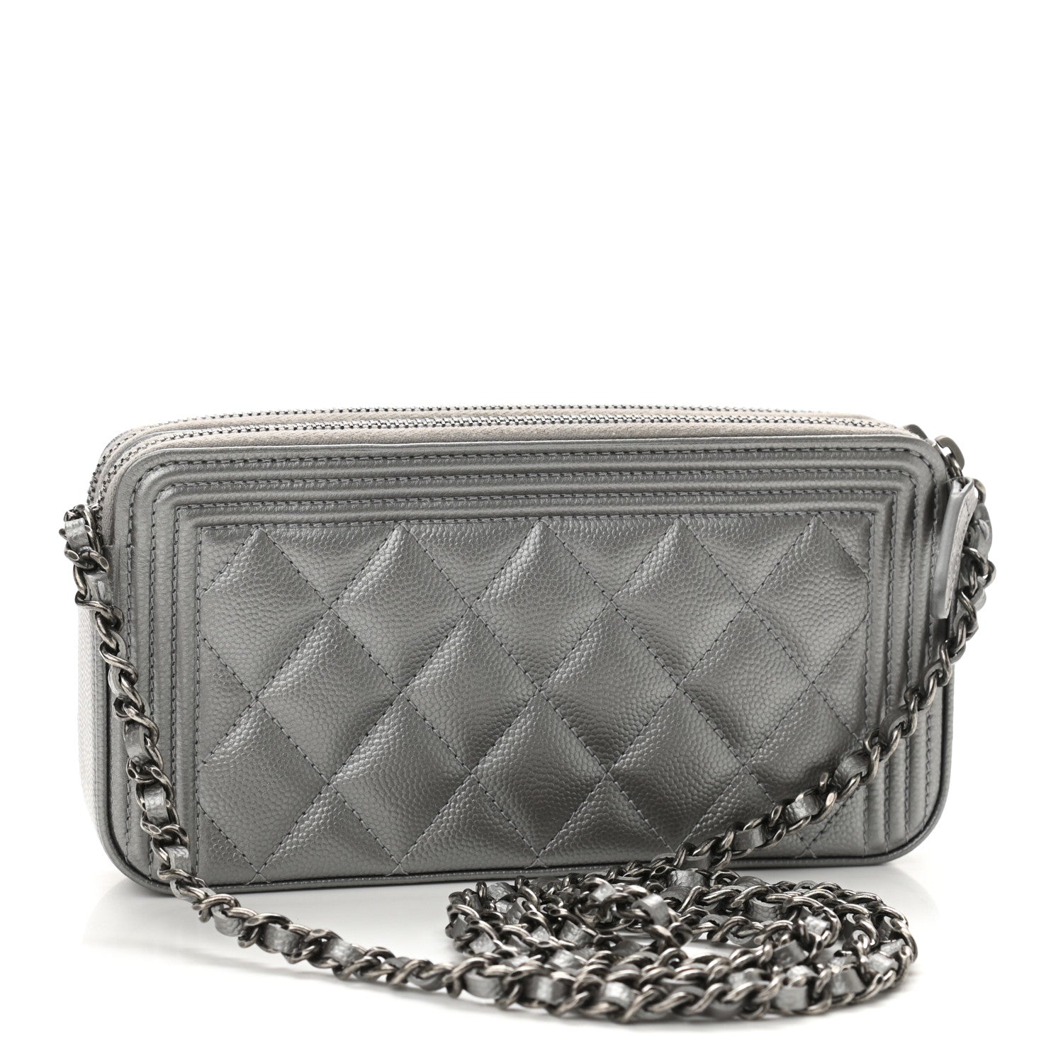 Chanel Metallic Caviar Quilted Small Boy Clutch With Chain Silver 2 of 14