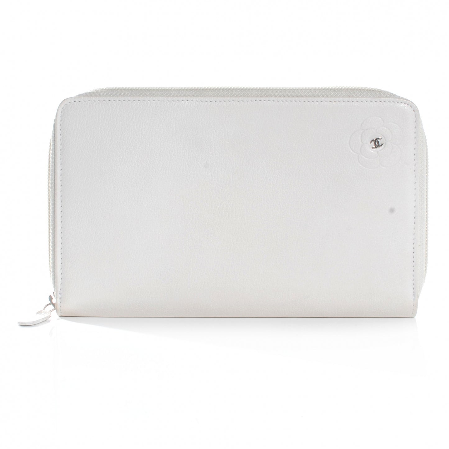 Leather CC Camellia Zip Organizer Wallet Off White
