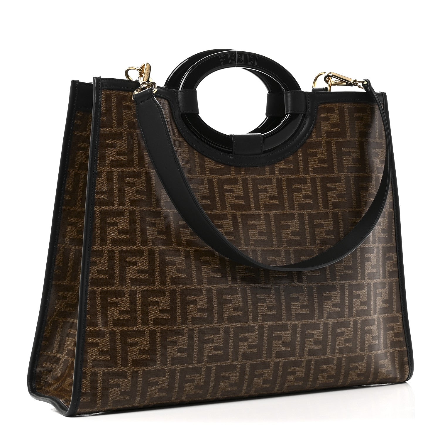 Fendi Glazed Fabric Vitello Century Plexiglass FF 1974 Stamp Patch Medium Runaway Shopper Tote Mogano Panna Black 3 of 10