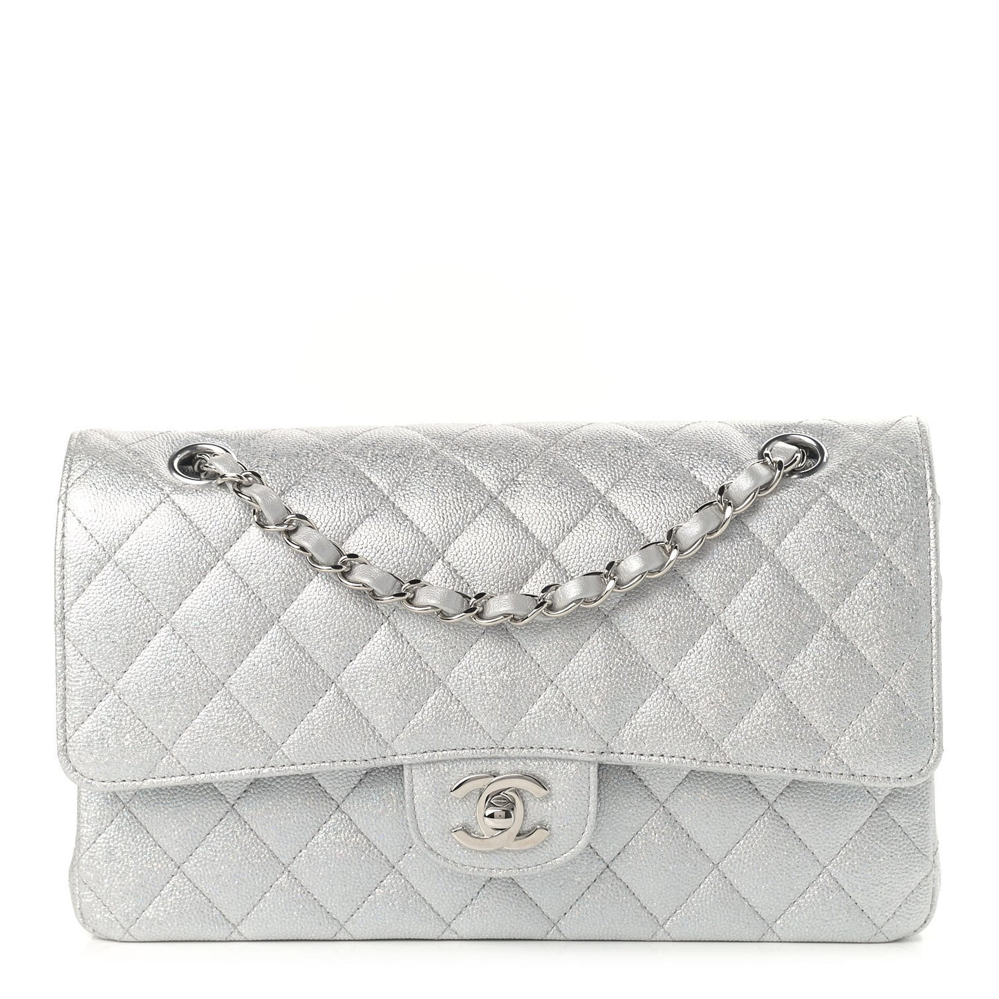 Glittered Metallic Caviar Quilted Medium Double Flap Silver